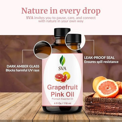 SVA Grapefruit Pink Grapefruit Bio Ätherisches Öl – 118 ml – 100% natürlich, für Diffuser, Haare, Gesicht, Haut, Aromatherapie, Massage, Seifen- und Kerzenherstellung mit Pipette