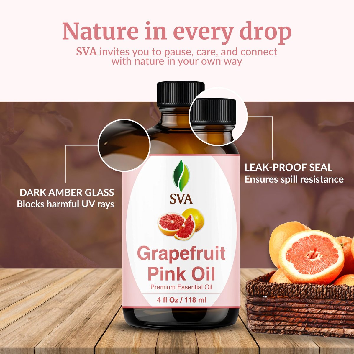 SVA Grapefruit Pink Grapefruit Bio Ätherisches Öl – 118 ml – 100% natürlich, für Diffuser, Haare, Gesicht, Haut, Aromatherapie, Massage, Seifen- und Kerzenherstellung mit Pipette