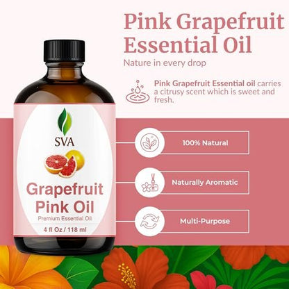 SVA Grapefruit Pink Grapefruit Bio Ätherisches Öl – 118 ml – 100% natürlich, für Diffuser, Haare, Gesicht, Haut, Aromatherapie, Massage, Seifen- und Kerzenherstellung mit Pipette