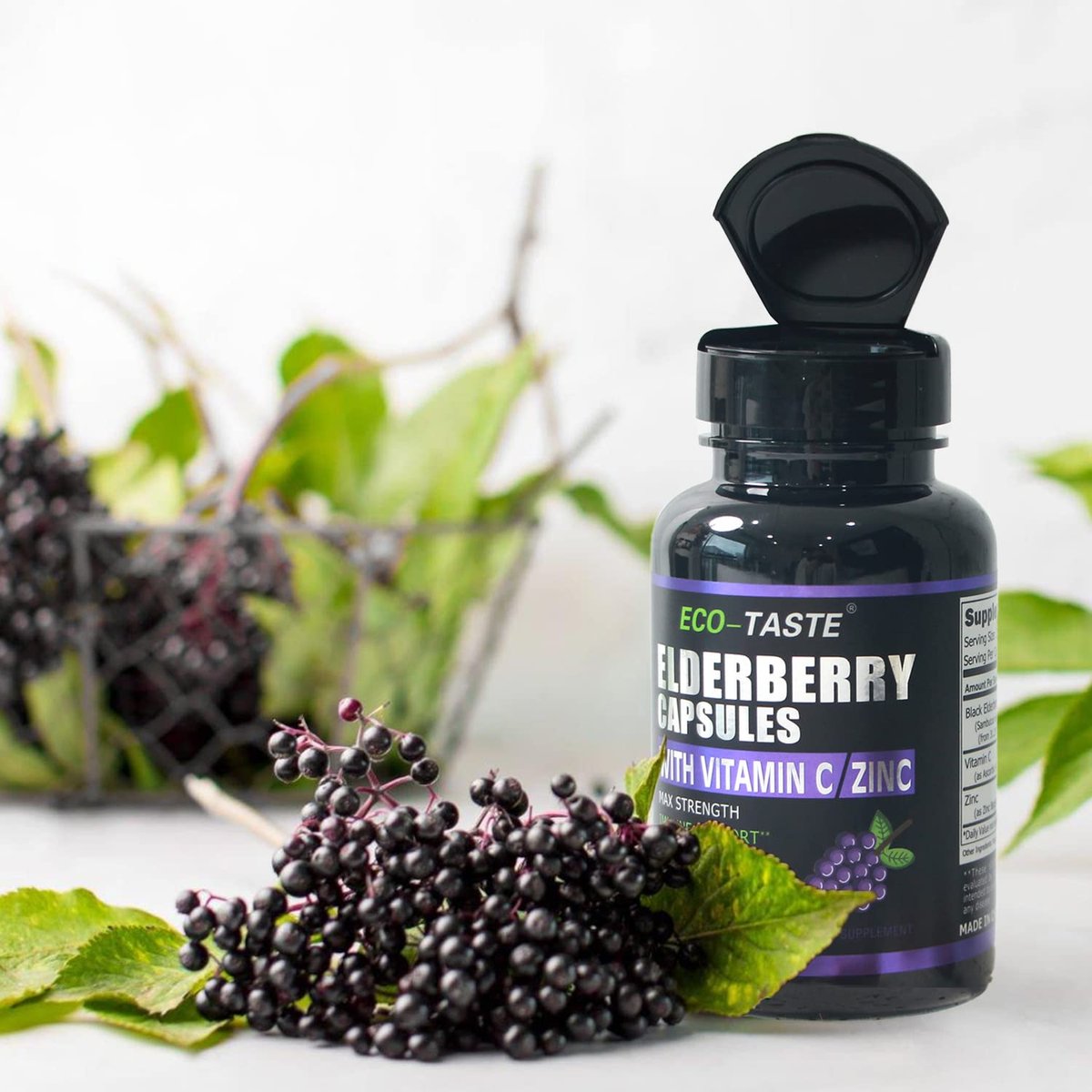 ECO-TASTE Holunderbeeren Kapseln mit Zink & Vitamin C - 120 Kapseln, Sambucus Holunderbeeren für Immununterstützung, Hautgesundheit - Vegane Kapseln
