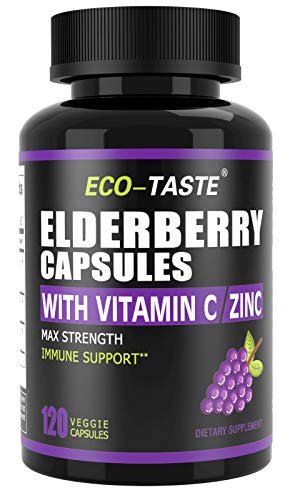 ECO-TASTE Holunderbeeren Kapseln mit Zink & Vitamin C - 120 Kapseln, Sambucus Holunderbeeren für Immununterstützung, Hautgesundheit - Vegane Kapseln