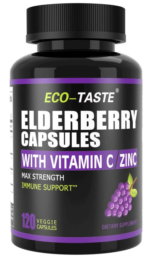 ECO-TASTE Holunderbeeren Kapseln mit Zink & Vitamin C - 120 Kapseln, Sambucus Holunderbeeren für Immununterstützung, Hautgesundheit - Vegane Kapseln