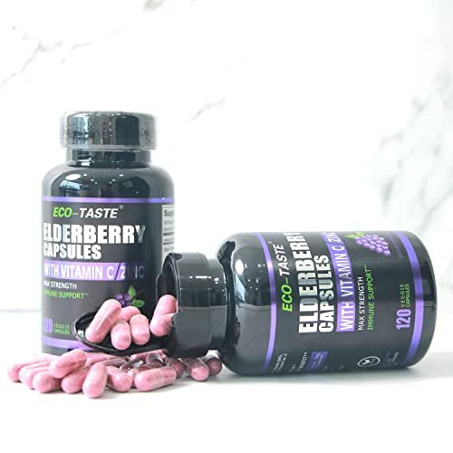 ECO-TASTE Holunderbeeren Kapseln mit Zink & Vitamin C - 120 Kapseln, Sambucus Holunderbeeren für Immununterstützung, Hautgesundheit - Vegane Kapseln