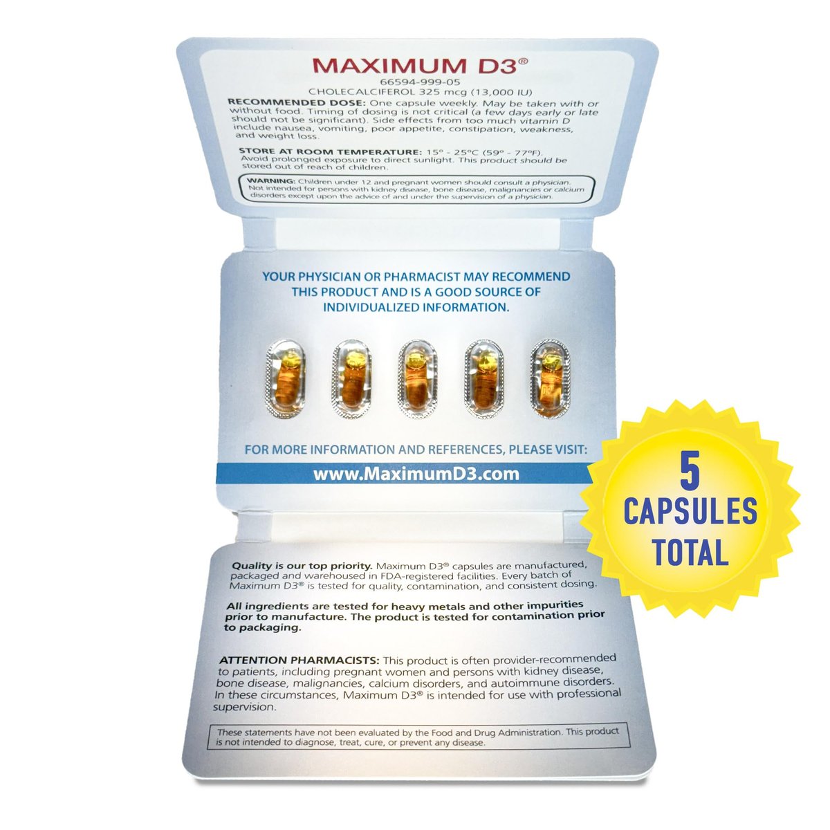 Maximum D3 13.000 IE – 5 Kapseln (5-Wochen-Vorrat) | Hochdosiertes Vitamin D3