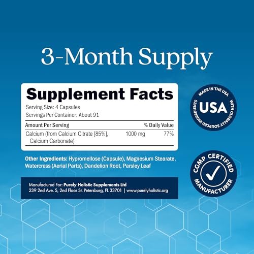 Calcium Citrat 1000mg | Hochdosiertes Calcium für Knochen & Zähne | Hohe Bioverfügbarkeit | Magenfreundlich | Vegan & Non-GMO | 3-Monats-Vorrat | Calciumpräparat für Frauen & Männer | 365 Kapseln