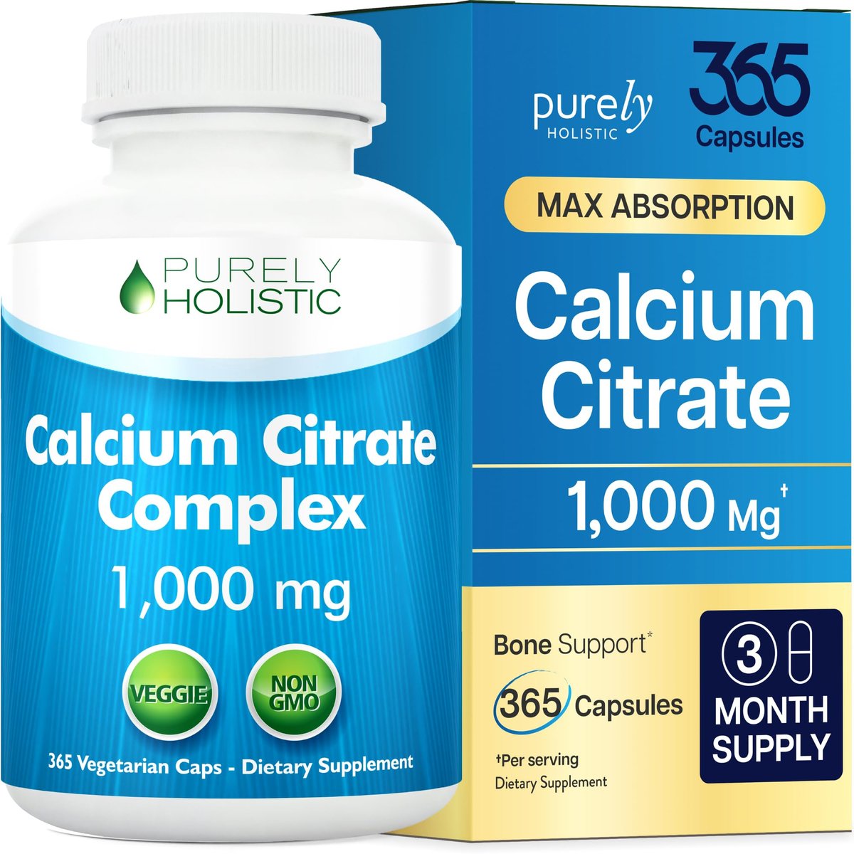 Calcium Citrat 1000mg | Hochdosiertes Calcium für Knochen & Zähne | Hohe Bioverfügbarkeit | Magenfreundlich | Vegan & Non-GMO | 3-Monats-Vorrat | Calciumpräparat für Frauen & Männer | 365 Kapseln