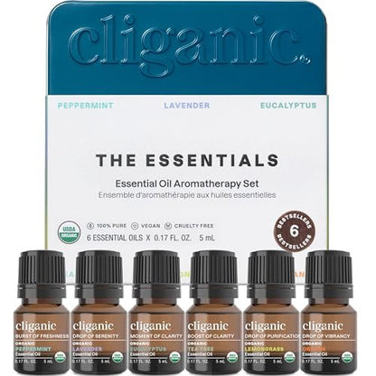 Cliganic Bio Aromatherapie Ätherische Öle Set (Top 6 - Die Essentials), 100% rein natürlich - Pfefferminze, Lavendel, Eukalyptus, Teebaum, Zitronengras & Orange (Verpackung kann variieren)