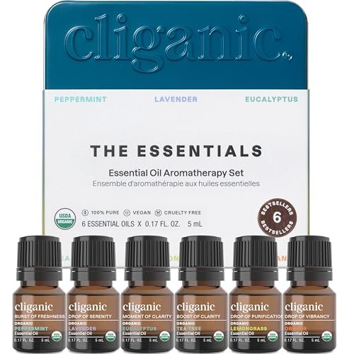 Cliganic Bio Aromatherapie Ätherische Öle Set (Top 6 - Die Essentials), 100% rein natürlich - Pfefferminze, Lavendel, Eukalyptus, Teebaum, Zitronengras & Orange (Verpackung kann variieren)
