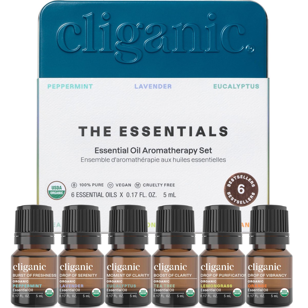Cliganic Bio Aromatherapie Ätherische Öle Set (Top 6 - Die Essentials), 100% rein natürlich - Pfefferminze, Lavendel, Eukalyptus, Teebaum, Zitronengras & Orange (Verpackung kann variieren)