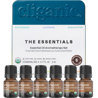 Cliganic Bio Aromatherapie Ätherische Öle Set (Top 6 - Die Essentials), 100% rein natürlich - Pfefferminze, Lavendel, Eukalyptus, Teebaum, Zitronengras & Orange (Verpackung kann variieren)