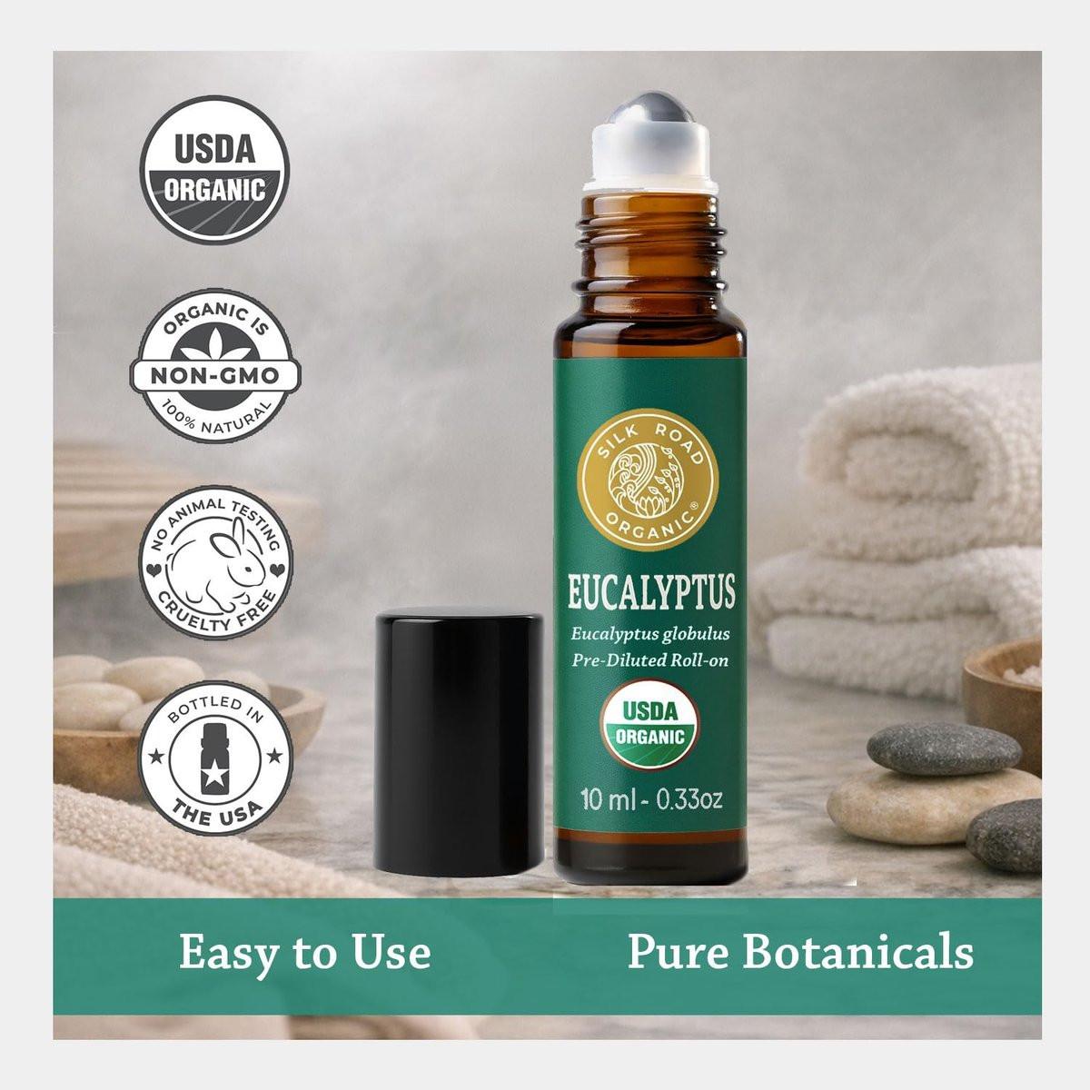 Silk Road Organic Bio Eukalyptus Roll-On, USDA-zertifiziert – Atemwege, Erkältung, Husten, Nebenhöhlen & Allergiebeschwerden – 10 ml Aromatherapie-Roller – Immer rein, immer bio