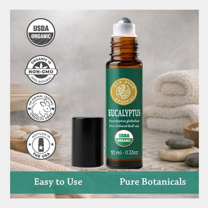 Silk Road Organic Bio Eukalyptus Roll-On, USDA-zertifiziert – Atemwege, Erkältung, Husten, Nebenhöhlen & Allergiebeschwerden – 10 ml Aromatherapie-Roller – Immer rein, immer bio