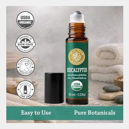 Silk Road Organic Bio Eukalyptus Roll-On, USDA-zertifiziert – Atemwege, Erkältung, Husten, Nebenhöhlen & Allergiebeschwerden – 10 ml Aromatherapie-Roller – Immer rein, immer bio