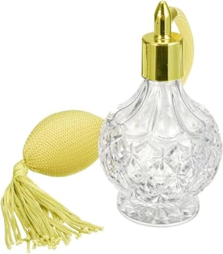 BOGZON 80 ml Kristallklarer Parfümflakon im Vintage-Stil mit goldener Sprühpumpe und Quaste - Nachfüllbare Glasflasche für Kosmetik