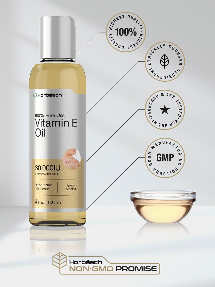 Horbäach Vitamin E Öl für Haut und Gesicht | 118 ml | 100% reine Öle | Feuchtigkeitsspendende Hautpflege | Nicht-GVO, Vegetarisch | Mit Zitronenduft