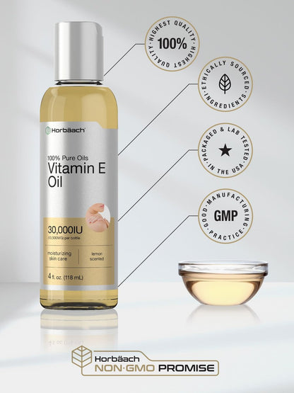 Horbäach Vitamin E Öl für Haut und Gesicht | 118 ml | 100% reine Öle | Feuchtigkeitsspendende Hautpflege | Nicht-GVO, Vegetarisch | Mit Zitronenduft