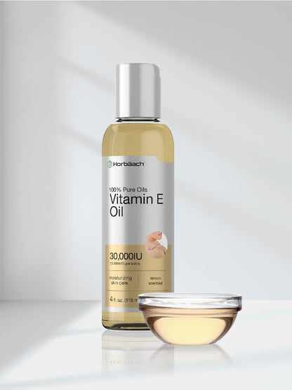 Horbäach Vitamin E Öl für Haut und Gesicht | 118 ml | 100% reine Öle | Feuchtigkeitsspendende Hautpflege | Nicht-GVO, Vegetarisch | Mit Zitronenduft