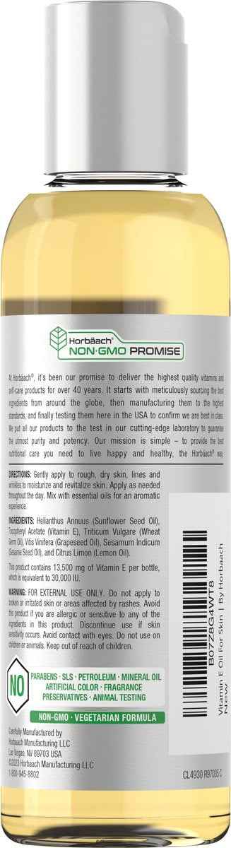 Horbäach Vitamin E Öl für Haut und Gesicht | 118 ml | 100% reine Öle | Feuchtigkeitsspendende Hautpflege | Nicht-GVO, Vegetarisch | Mit Zitronenduft