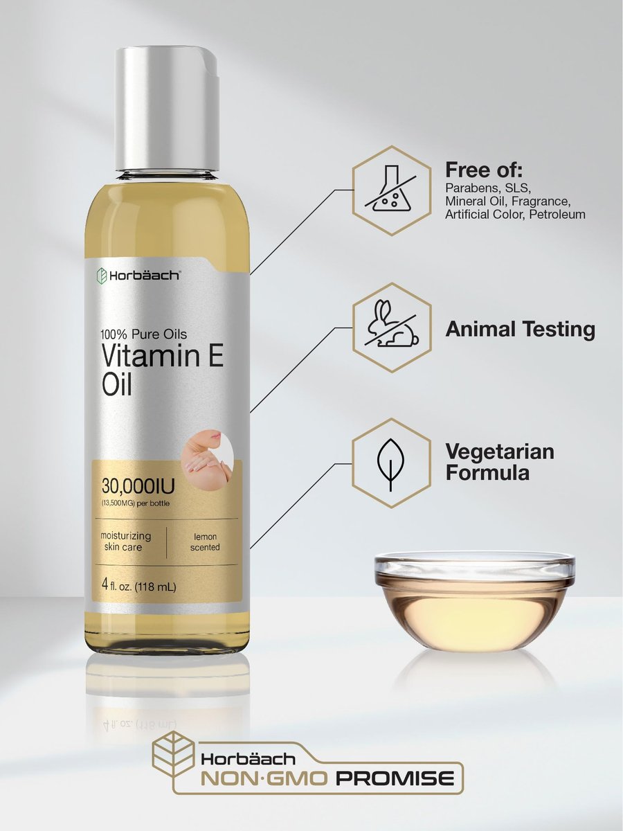 Horbäach Vitamin E Öl für Haut und Gesicht | 118 ml | 100% reine Öle | Feuchtigkeitsspendende Hautpflege | Nicht-GVO, Vegetarisch | Mit Zitronenduft