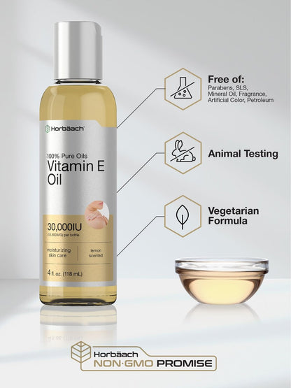 Horbäach Vitamin E Öl für Haut und Gesicht | 118 ml | 100% reine Öle | Feuchtigkeitsspendende Hautpflege | Nicht-GVO, Vegetarisch | Mit Zitronenduft