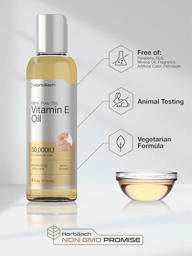 Horbäach Vitamin E Öl für Haut und Gesicht | 118 ml | 100% reine Öle | Feuchtigkeitsspendende Hautpflege | Nicht-GVO, Vegetarisch | Mit Zitronenduft