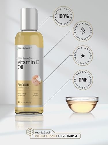 Horbäach Vitamin E Öl für Haut und Gesicht | 118 ml | 100% reine Öle | Feuchtigkeitsspendende Hautpflege | Nicht-GVO, Vegetarisch | Mit Zitronenduft