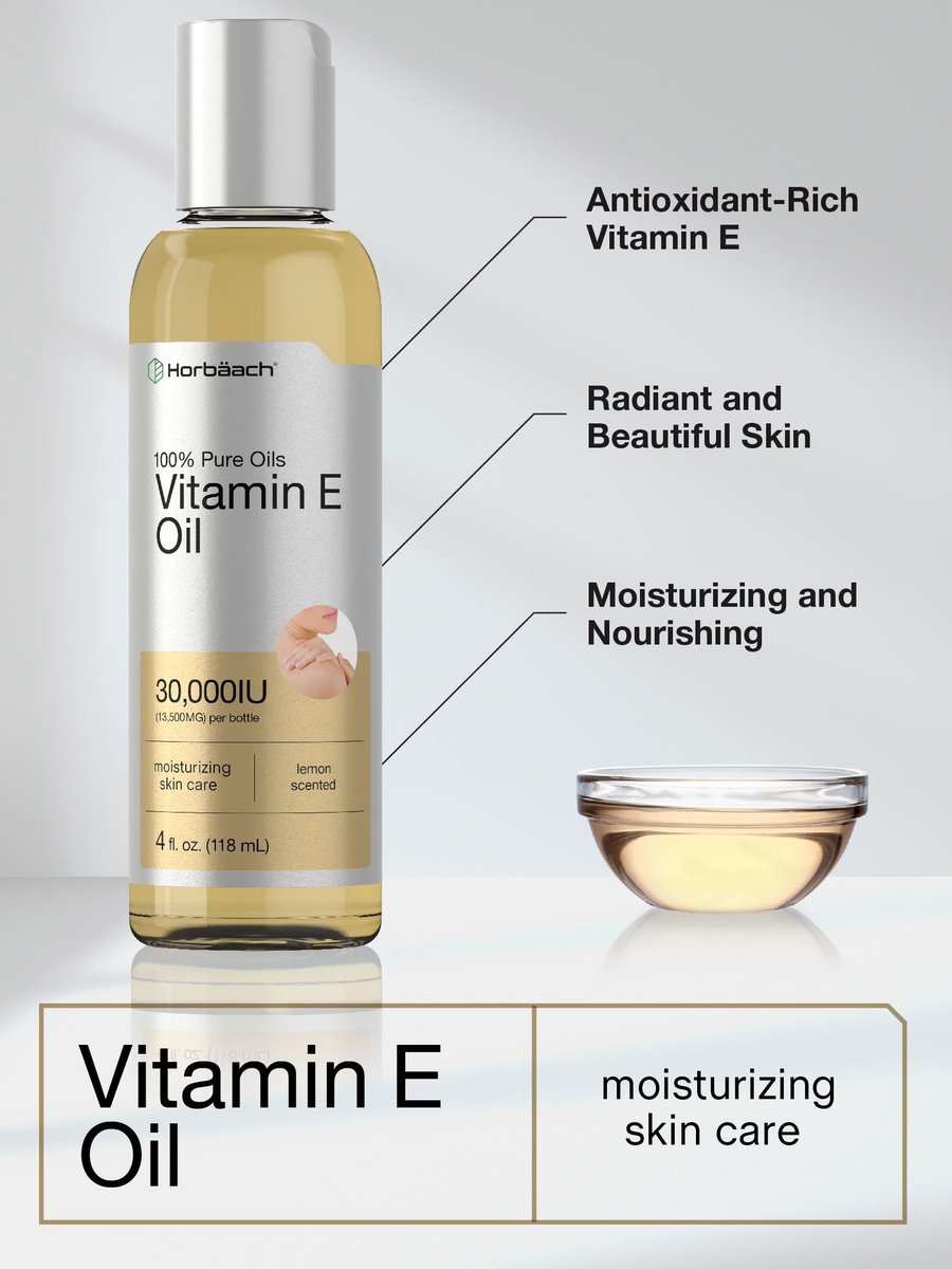 Horbäach Vitamin E Öl für Haut und Gesicht | 118 ml | 100% reine Öle | Feuchtigkeitsspendende Hautpflege | Nicht-GVO, Vegetarisch | Mit Zitronenduft