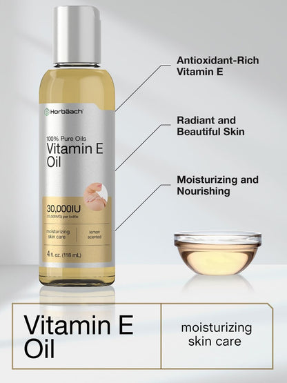 Horbäach Vitamin E Öl für Haut und Gesicht | 118 ml | 100% reine Öle | Feuchtigkeitsspendende Hautpflege | Nicht-GVO, Vegetarisch | Mit Zitronenduft