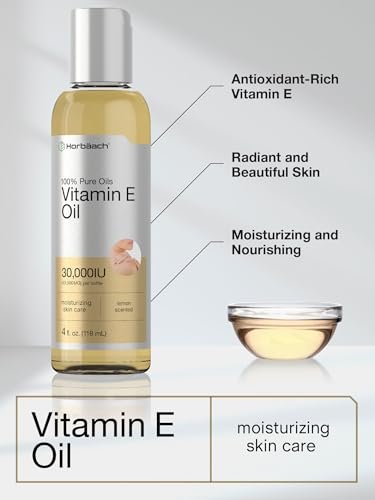 Horbäach Vitamin E Öl für Haut und Gesicht | 118 ml | 100% reine Öle | Feuchtigkeitsspendende Hautpflege | Nicht-GVO, Vegetarisch | Mit Zitronenduft