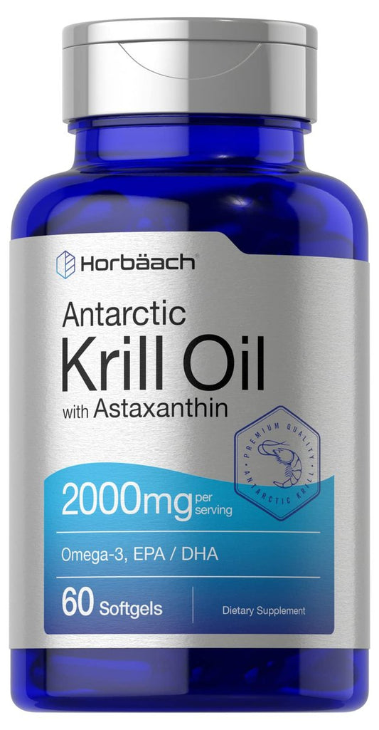 Horbäach Antarktischer Krillöl 2000mg | 60 Weichkapseln | Omega-3, EPA, DHA Supplement | mit Astaxanthin | Non-GVO, Glutenfrei