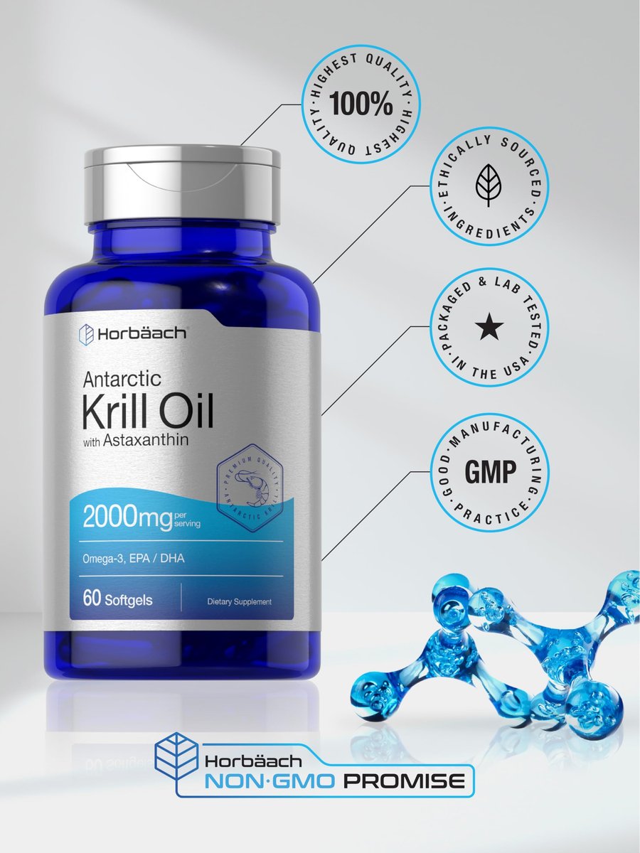 Horbäach Antarktischer Krillöl 2000mg | 60 Weichkapseln | Omega-3, EPA, DHA Supplement | mit Astaxanthin | Non-GVO, Glutenfrei