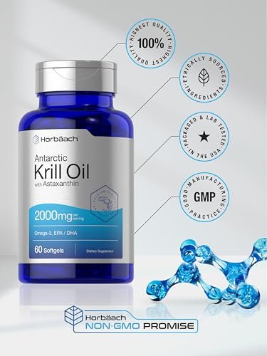 Horbäach Antarktischer Krillöl 2000mg | 60 Weichkapseln | Omega-3, EPA, DHA Supplement | mit Astaxanthin | Non-GVO, Glutenfrei