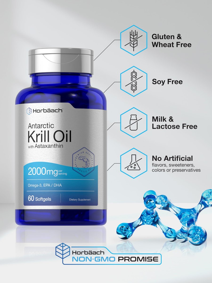 Horbäach Antarktischer Krillöl 2000mg | 60 Weichkapseln | Omega-3, EPA, DHA Supplement | mit Astaxanthin | Non-GVO, Glutenfrei