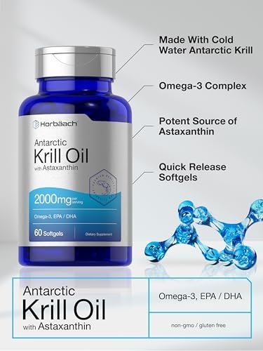 Horbäach Antarktischer Krillöl 2000mg | 60 Weichkapseln | Omega-3, EPA, DHA Supplement | mit Astaxanthin | Non-GVO, Glutenfrei