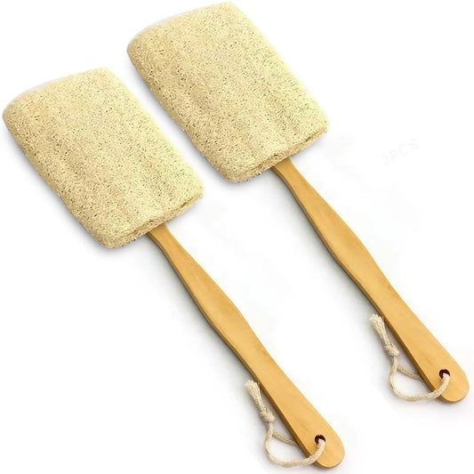 2er-Pack Natürlicher Luffa-Loofah Badebürste mit langem Holzgriff – Peeling-Rückenbürste für Männer & Frauen