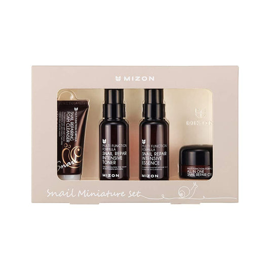 MIZON Snail Line Set – Korean Snail Skincare Essentials Set (Mini-Größen): Reinigungsschaum, Toner, Essence & All-in-One-Gesichtscreme für verbesserten Hautton, feine Fältchen, glatte & feuchtigkeitsspendende Pflege