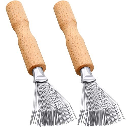 Boao Haar Bürsten Reiniger, 2 Stück Mini Haarbürsten Reinigungsbürste mit Metalldrahtkamm, Holzgriff für den Haus- und Salongebrauch (Griff mit Rille)
