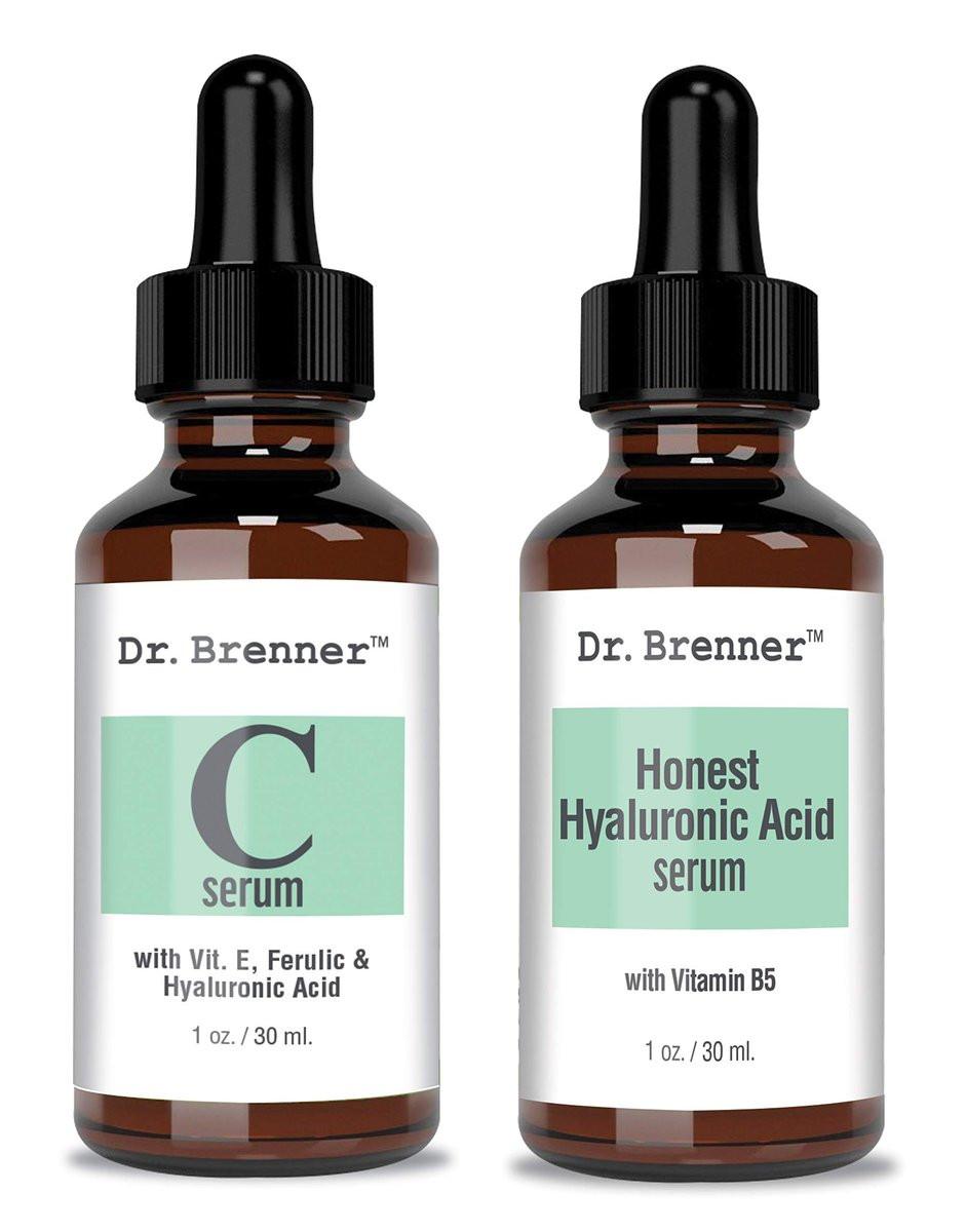 Dr. Brenner Vitamin C Serum 20% reine L-Ascorbinsäure, Ferulasäure, Vitamin E und HA & Hyaluronsäure Serum mit Vitamin B5 für Gesicht und Augen – Natürliches Anti-Aging Anti-Falten Set mit 2 Flaschen