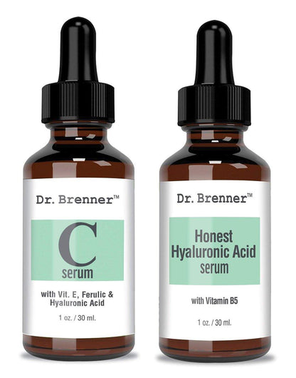 Dr. Brenner Vitamin C Serum 20% reine L-Ascorbinsäure, Ferulasäure, Vitamin E und HA & Hyaluronsäure Serum mit Vitamin B5 für Gesicht und Augen – Natürliches Anti-Aging Anti-Falten Set mit 2 Flaschen