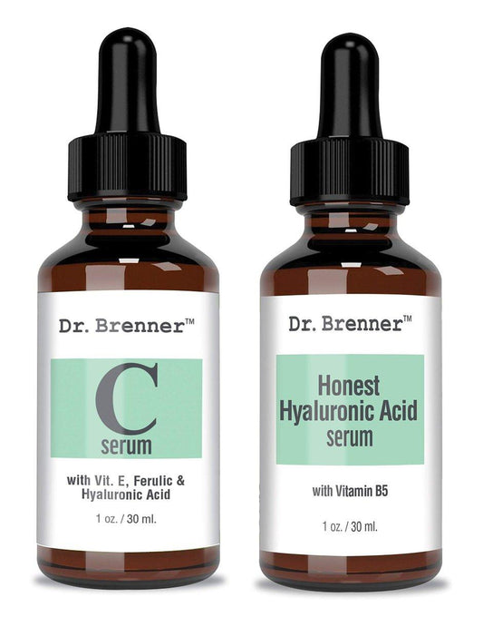Dr. Brenner Vitamin C Serum 20% reine L-Ascorbinsäure, Ferulasäure, Vitamin E und HA & Hyaluronsäure Serum mit Vitamin B5 für Gesicht und Augen – Natürliches Anti-Aging Anti-Falten Set mit 2 Flaschen