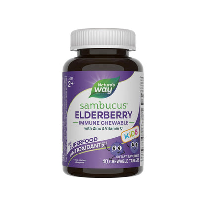 Nature's Way Sambucus Holunder Immun-Kaulutsch für Kinder ab 2 Jahren, Immununterstützung*, Vitamin C, Zink, mit Superfood-Antioxidantien, glutenfrei, 40 Kautabletten