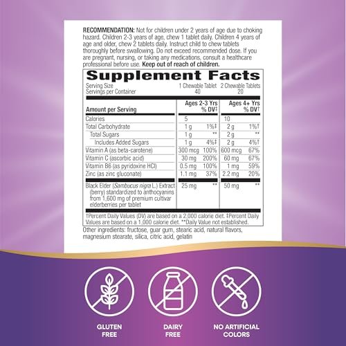 Nature's Way Sambucus Holunder Immun-Kaulutsch für Kinder ab 2 Jahren, Immununterstützung*, Vitamin C, Zink, mit Superfood-Antioxidantien, glutenfrei, 40 Kautabletten