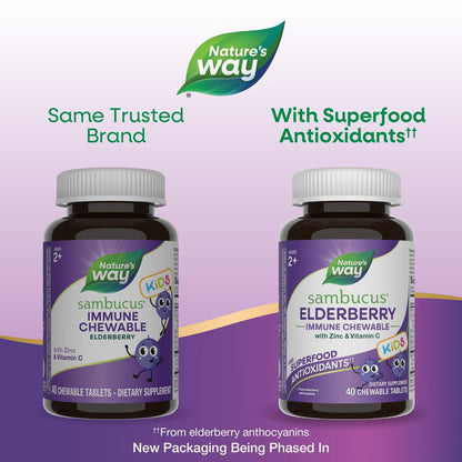 Nature's Way Sambucus Holunder Immun-Kaulutsch für Kinder ab 2 Jahren, Immununterstützung*, Vitamin C, Zink, mit Superfood-Antioxidantien, glutenfrei, 40 Kautabletten
