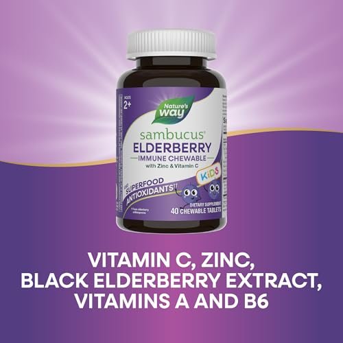 Nature's Way Sambucus Holunder Immun-Kaulutsch für Kinder ab 2 Jahren, Immununterstützung*, Vitamin C, Zink, mit Superfood-Antioxidantien, glutenfrei, 40 Kautabletten
