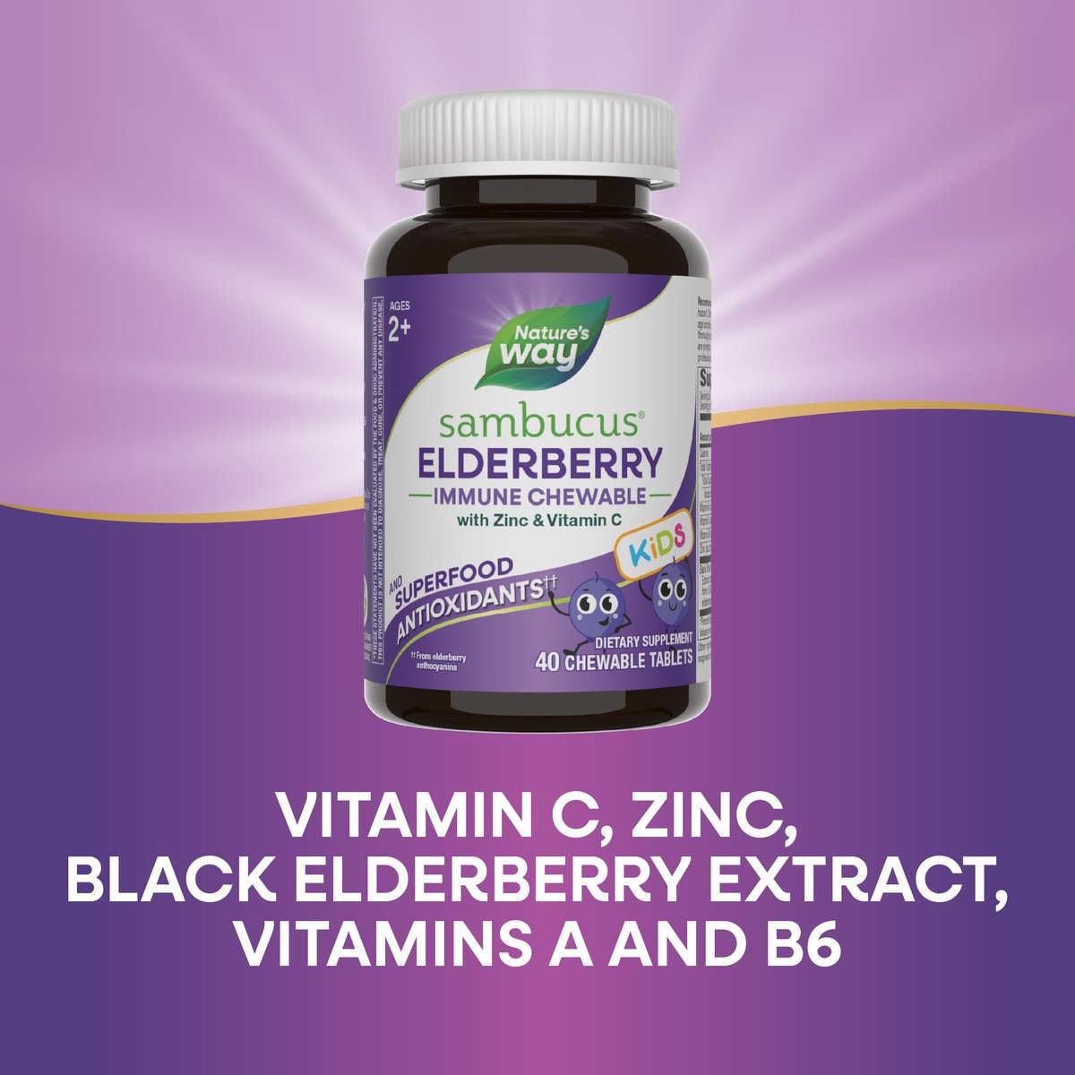 Nature's Way Sambucus Holunder Immun-Kaulutsch für Kinder ab 2 Jahren, Immununterstützung*, Vitamin C, Zink, mit Superfood-Antioxidantien, glutenfrei, 40 Kautabletten