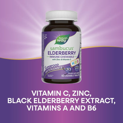 Nature's Way Sambucus Holunder Immun-Kaulutsch für Kinder ab 2 Jahren, Immununterstützung*, Vitamin C, Zink, mit Superfood-Antioxidantien, glutenfrei, 40 Kautabletten