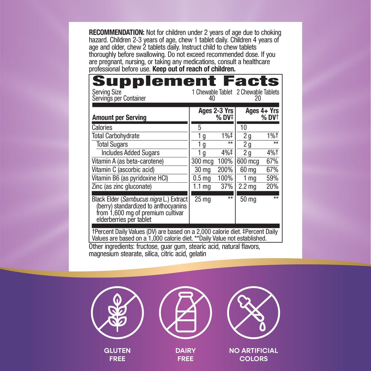 Nature's Way Sambucus Holunder Immun-Kaulutsch für Kinder ab 2 Jahren, Immununterstützung*, Vitamin C, Zink, mit Superfood-Antioxidantien, glutenfrei, 40 Kautabletten