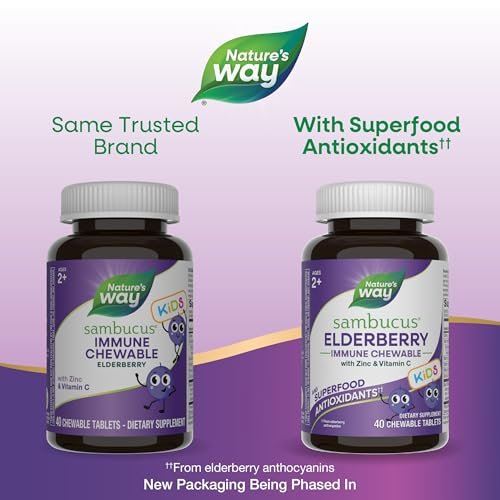 Nature's Way Sambucus Holunder Immun-Kaulutsch für Kinder ab 2 Jahren, Immununterstützung*, Vitamin C, Zink, mit Superfood-Antioxidantien, glutenfrei, 40 Kautabletten