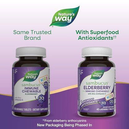 Nature's Way Sambucus Holunder Immun-Kaulutsch für Kinder ab 2 Jahren, Immununterstützung*, Vitamin C, Zink, mit Superfood-Antioxidantien, glutenfrei, 40 Kautabletten