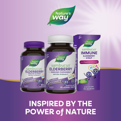 Nature's Way Sambucus Holunder Immun-Kaulutsch für Kinder ab 2 Jahren, Immununterstützung*, Vitamin C, Zink, mit Superfood-Antioxidantien, glutenfrei, 40 Kautabletten